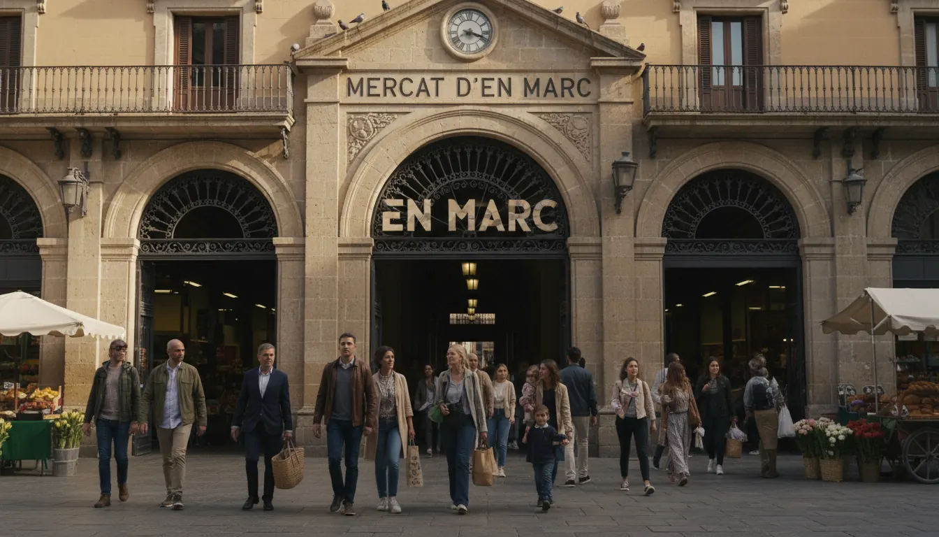 Façana històrica del Mercat de Sant Gervasi amb clients entrant a comprar