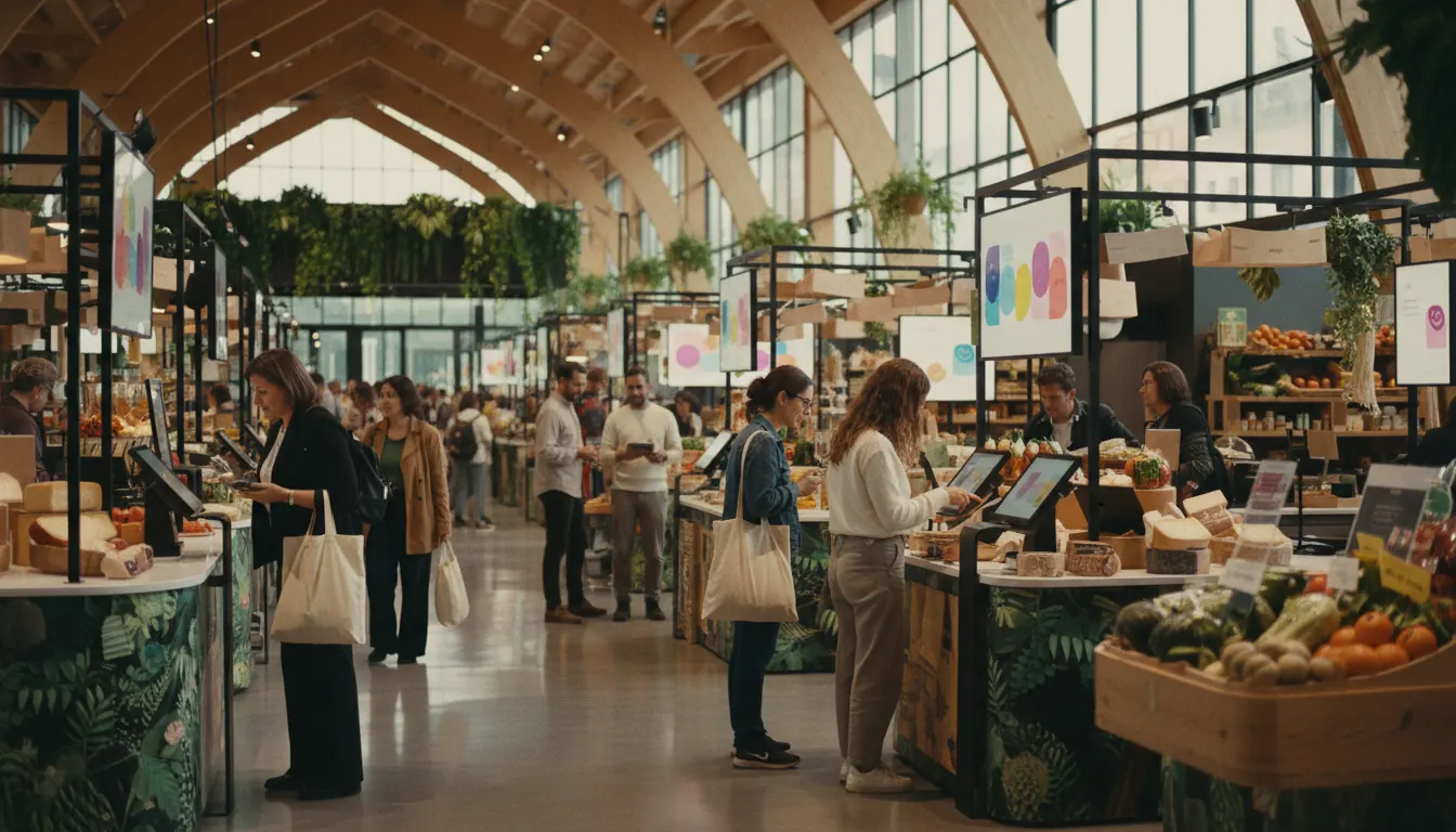 Interior modern del Mercat de Sant Gervasi amb sistemes de pagament digital